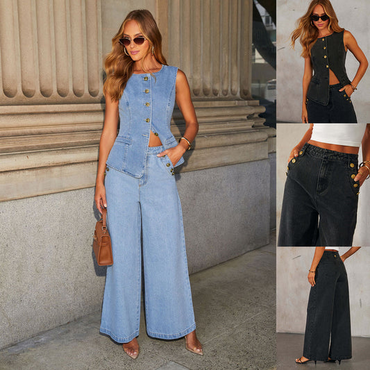 Sleeveless Vest And Wide Leg Straight Pants With Pockets Set