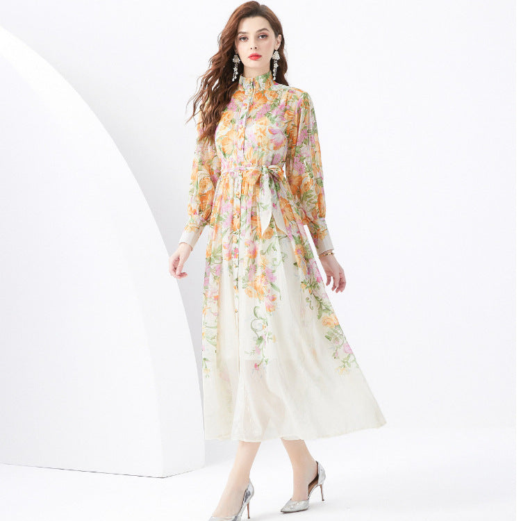 Floral-print Dress With A Stand-up Collar And Long Sleeves Exuding A High-end Aesthetic
