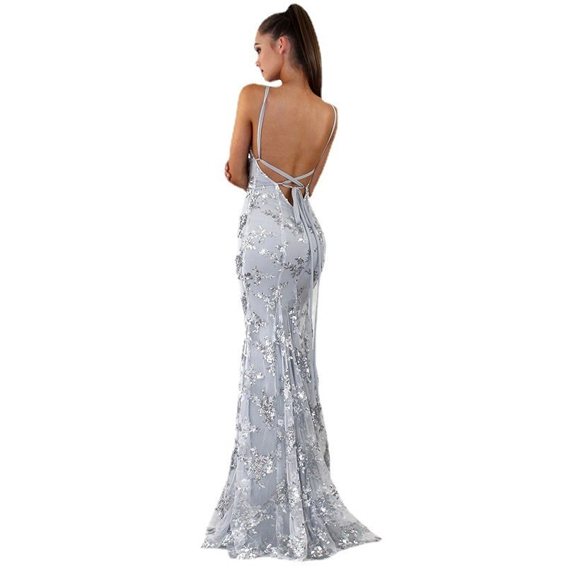Dress V-neck Brace Backless Sequined Long Night Dress Wedding Prom Bridesmaid Maxi