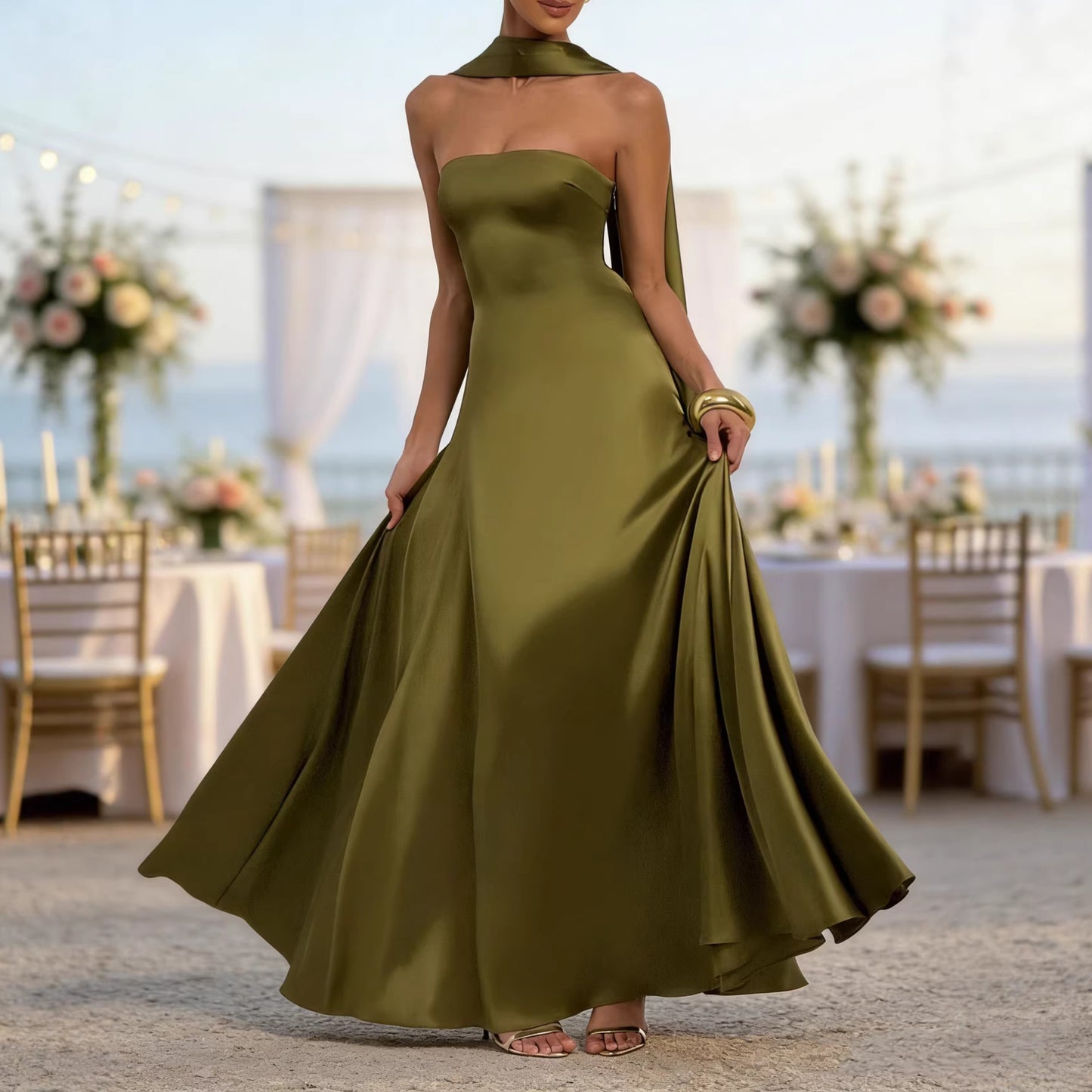 Womens Chest Wrapping Backless Tube-Top Waist-Cinching Evening Gown Long Dress Women'S Solid Sexy Elegant Clothes Party Club Prom Summer Outfit