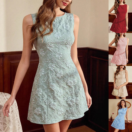 Floral Jacquard Sleeveless Dress French Minimalist Style Women's Summer Dress