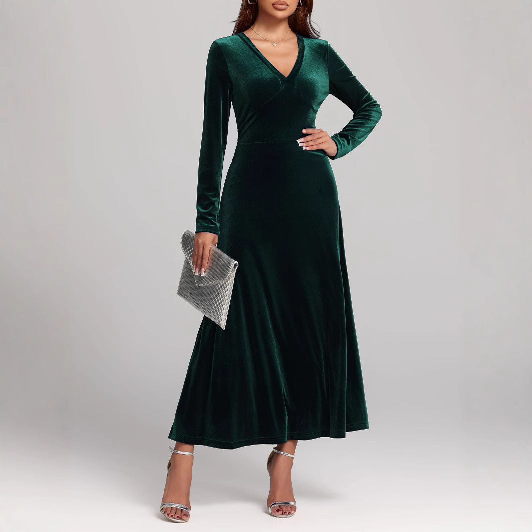 V-neck Long Sleeve Evening Dress Pleuche Dress
