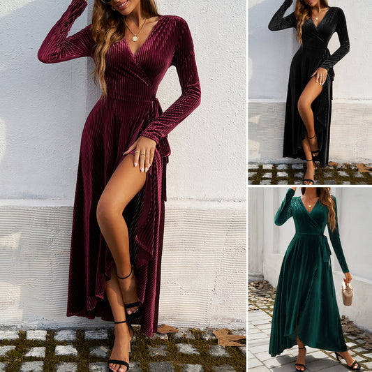 Velvet Allure wrap dress Autumn And Winter Elegant High Waist Slit Dress