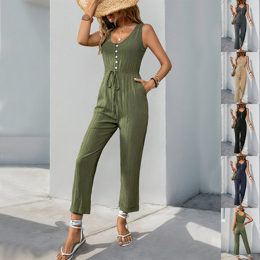 Coastal breeze Jumpsuit With Belt And Pockets Summer Fashion