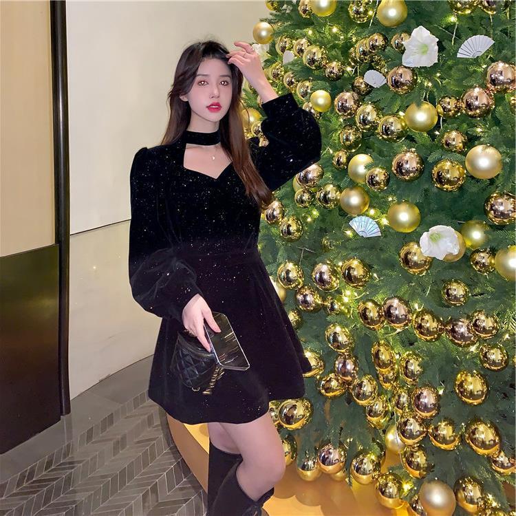 Christmas Red Annual Meeting Women's Velvet Dress Autumn And Winter New Temperament