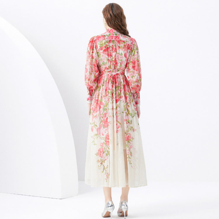 Floral-print Dress With A Stand-up Collar And Long Sleeves Exuding A High-end Aesthetic