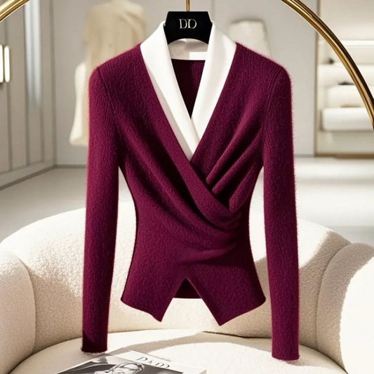 Long Sleeve V-neck Red Assorted Colors False-two-piece Sweater