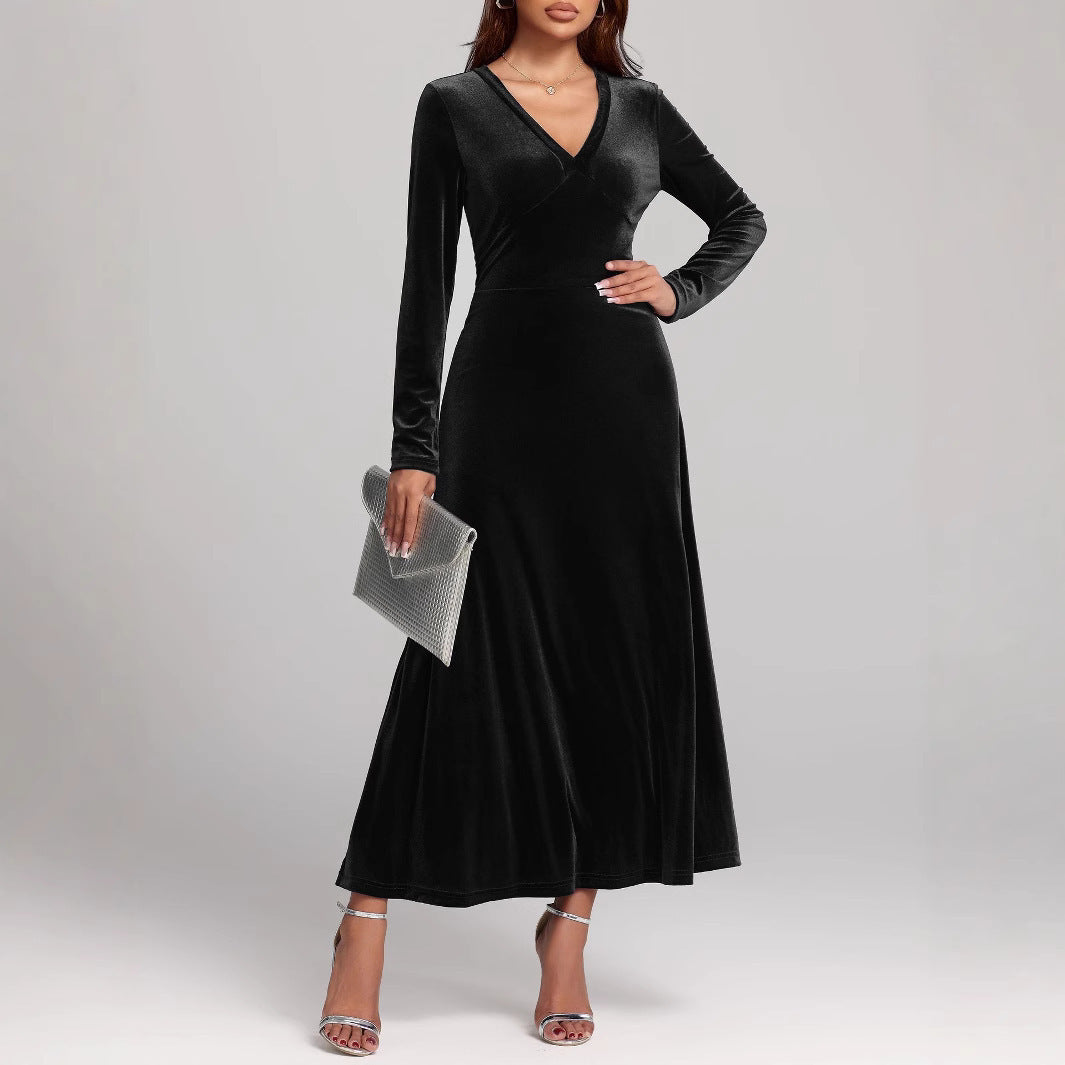 V-neck Long Sleeve Evening Dress Pleuche Dress