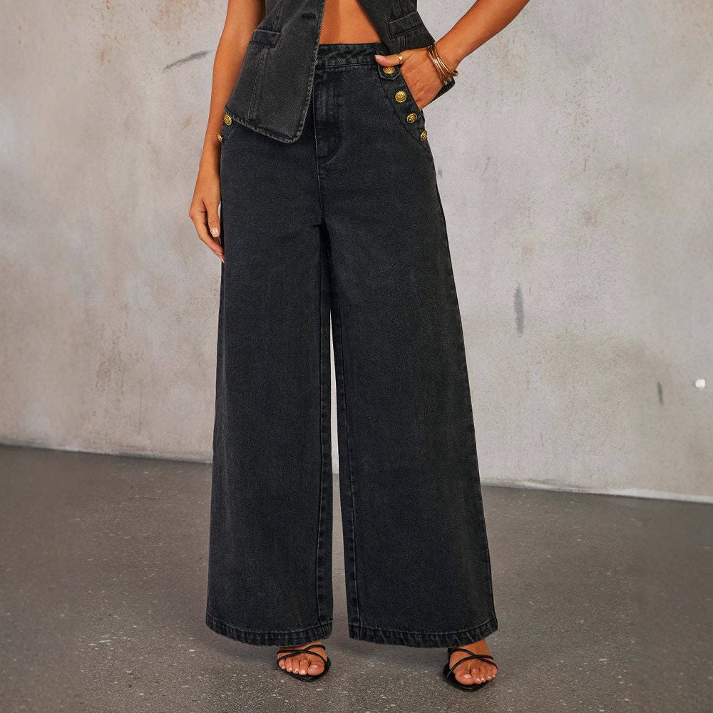Sleeveless Vest And Wide Leg Straight Pants With Pockets Set