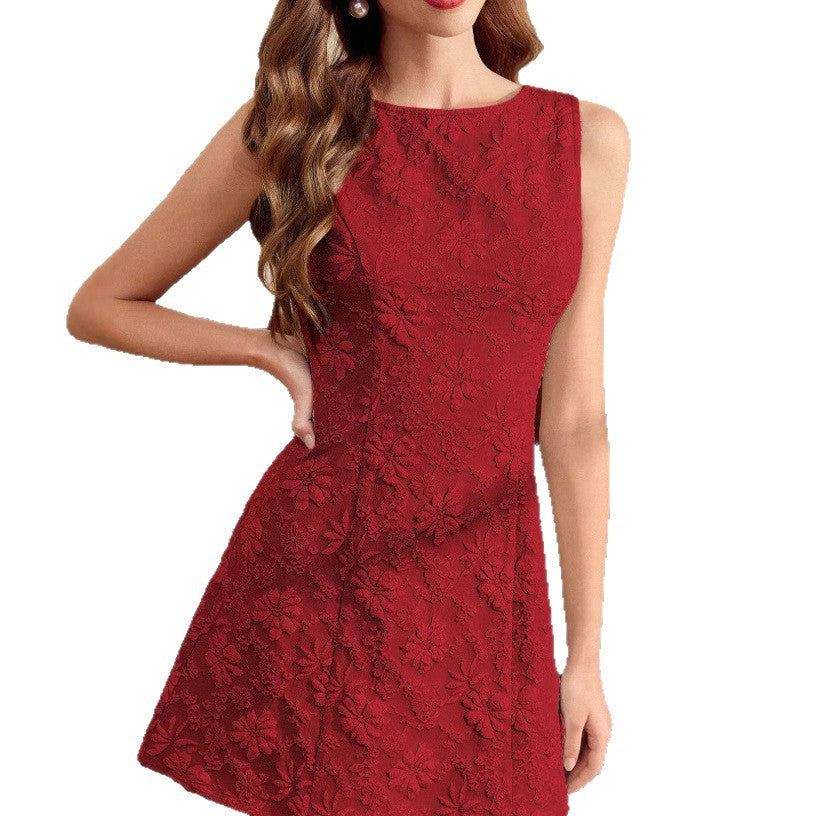 Floral Jacquard Dress French Minimalist Style Summer Dress