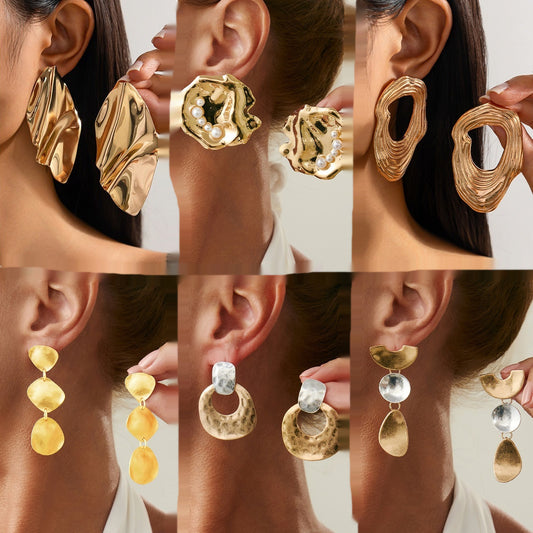 Fashion Metal Texture Glossy Earrings Design Pleated Irregular Geometry