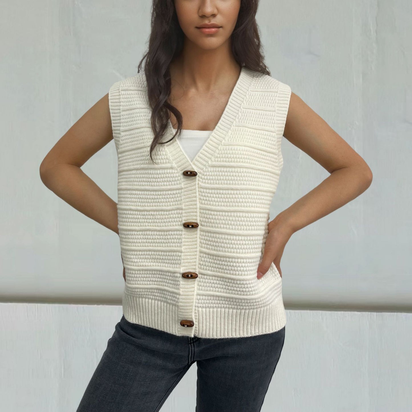 Horn Button Sleeveless V-neck Knitted Vest For Women