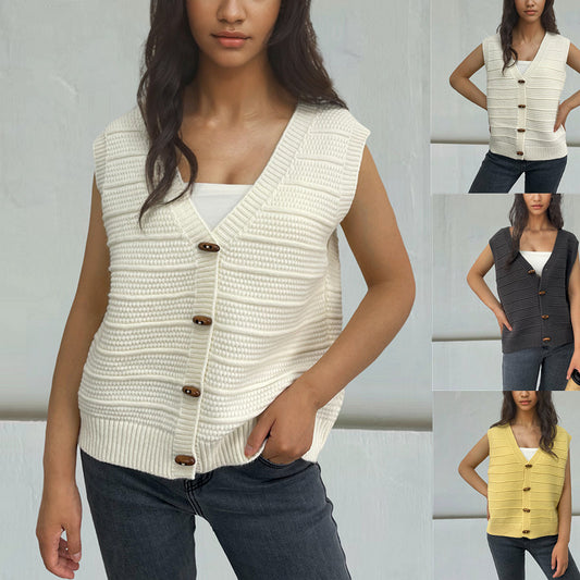 Horn Button Sleeveless V-neck Knitted Vest For Women