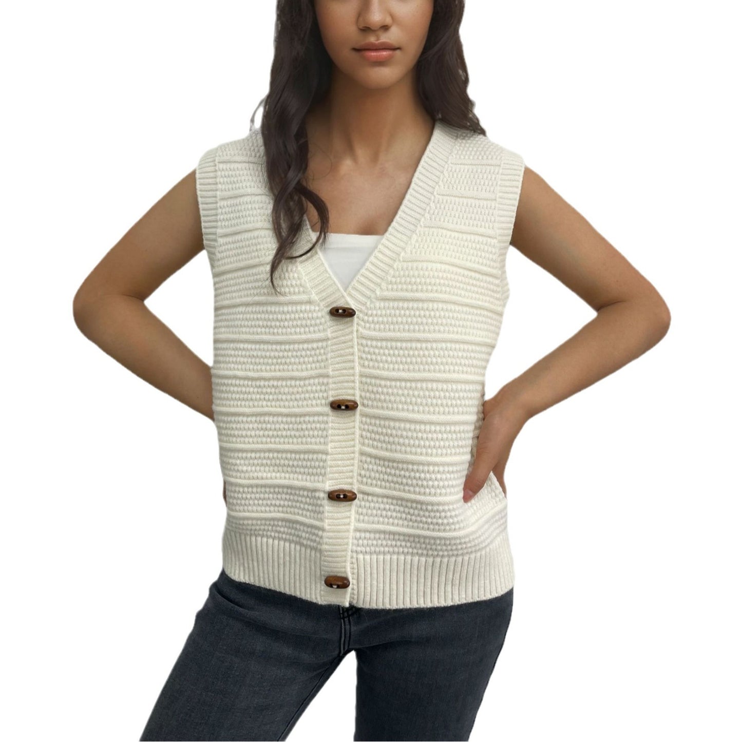 Horn Button Sleeveless V-neck Knitted Vest For Women